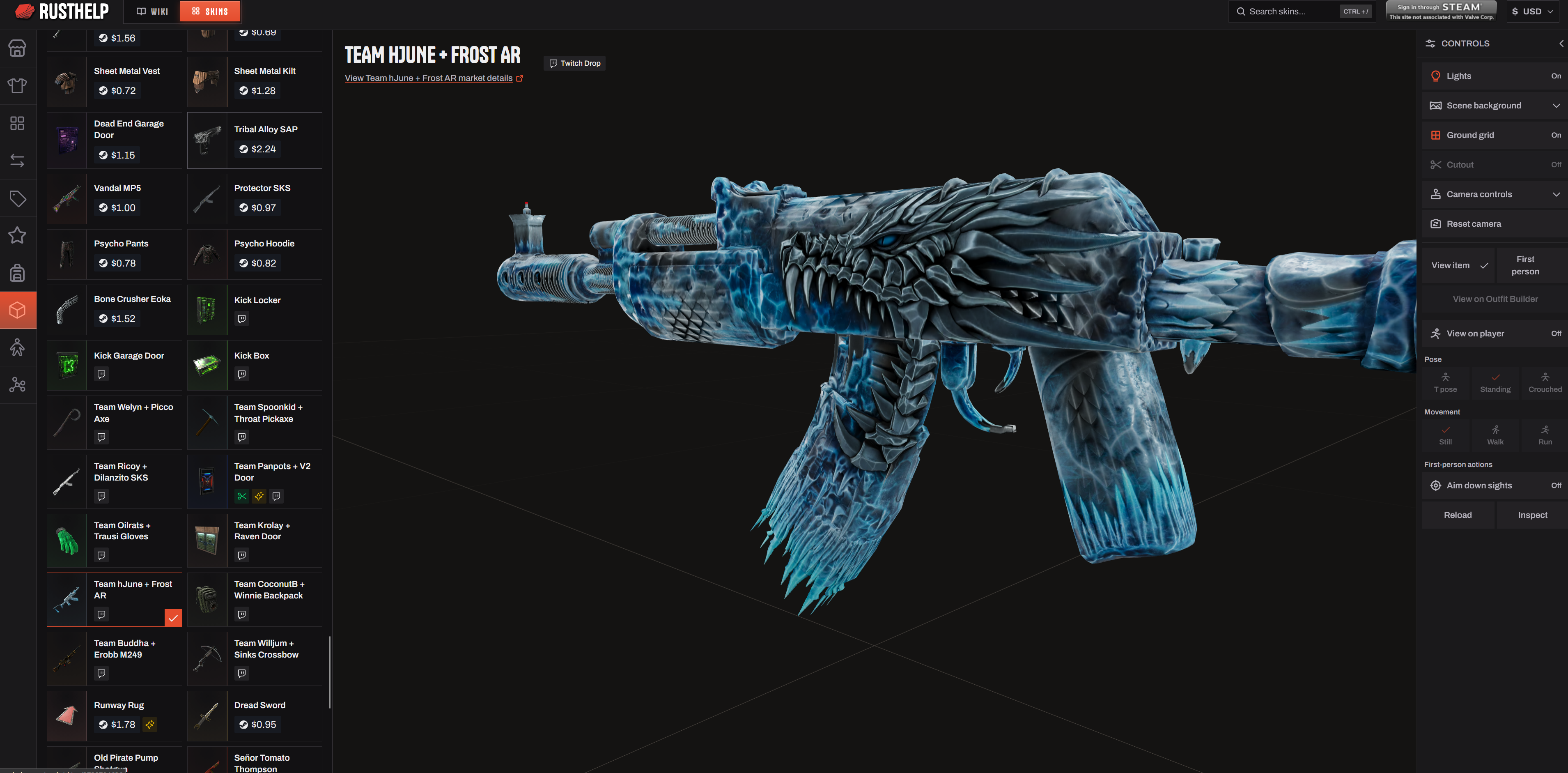 Současná podoba prohlížeče skinů Rust360 na rusthelp.com